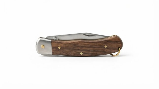 Folded camping pocket knife with wooden handle ready for outdoor use. Compact survival tool featuring stainless steel blade and durable grip.