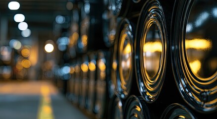 Fototapeta premium Close-up on stacked metallic circular objects with soft bokeh lights in background