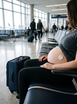 Pregnant woman with glucose monitor sitting in airport terminal, expectant mother managing gestational diabetes while traveling, female traveler with medical sensor on belly