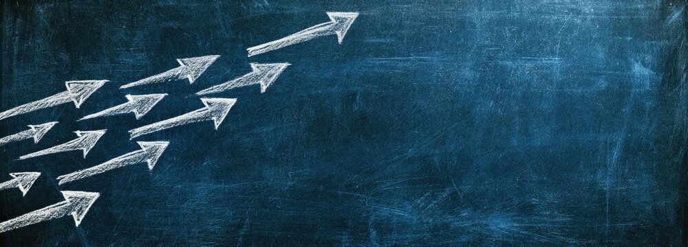 White arrows advance across a dark, textured blue background