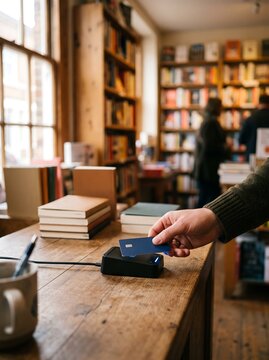 Contactless credit card payment in a cozy bookstore, customer using a wireless terminal at a wooden counter, retail transaction in a local book shop with blurred shelves