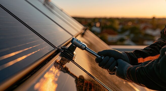Worker tightens a bolt on a solar panel during sunset