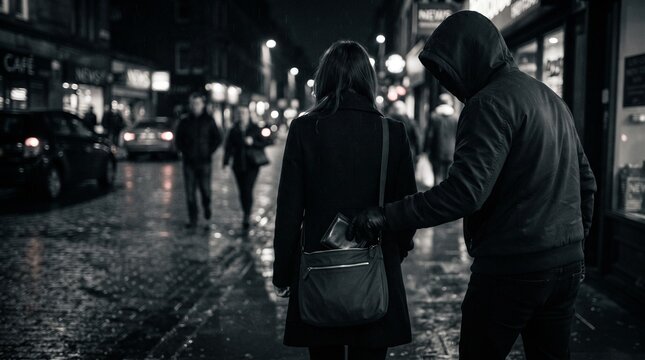 A shadowy figure stealthily pickpocketing an unsuspecting woman on a dark, rain-slicked city street, capturing the chilling reality of urban theft and vulnerability