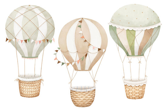 Set of cute cartoon balloons with different wicker baskets, isolated delicate watercolor illustration for your design baby interior, wallpapers or mural for childish room.