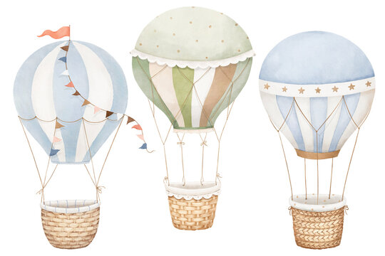 Watercolor set of cute hot air balloons with different wicker baskets, isolated delicate illustration for your design baby interior, wallpapers or mural for childish room.
