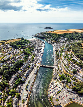 Top Down panorama of LOOE and River Looe from a drone, Cornwall, England