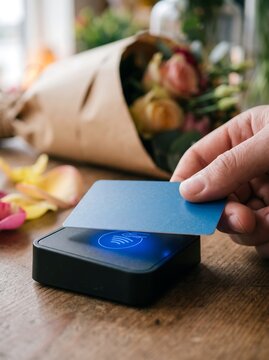 Contactless payment with blue credit card at flower shop, customer tapping card on NFC reader terminal, small business retail transaction with fresh floral bouquet background