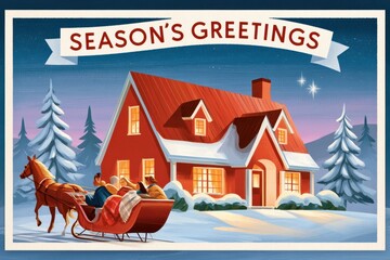 Obraz premium Retro Christmas greeting card illustration with sleigh ride and cozy red house