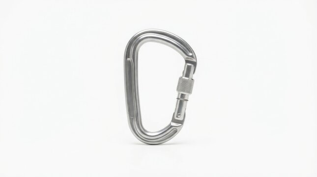 Aluminum climbing carabiner ready for secure attachment. High-strength metal clip for mountaineering and safety gear.