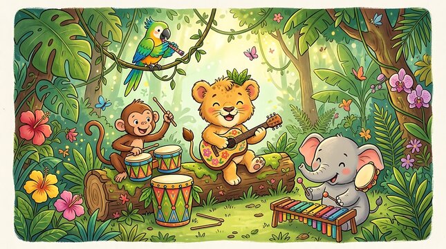 Cute lion, monkey, and elephant playing musical instruments in a lush tropical jungle, detailed color for children activity book