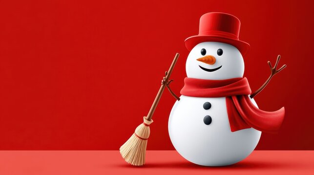 3D snowman with red hat and scarf holding broom on vibrant red background