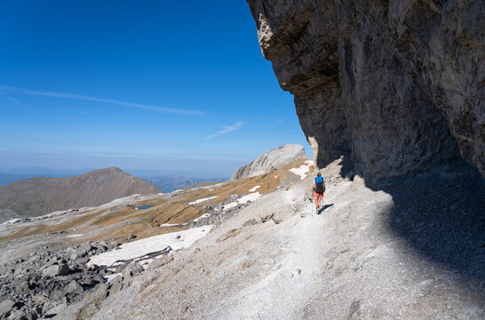 Female hiker at the famous Br&egrave;che de Roland, on the France-Spain border.