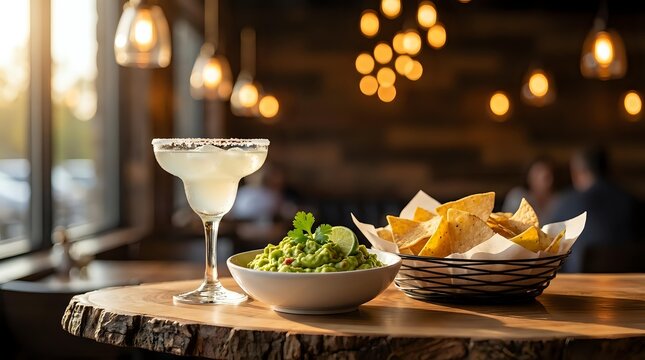 Cocktail with fresh lime and mint served alongside crispy tortilla chips and guacamole on wooden table in upscale bar setting with warm ambient lighting.