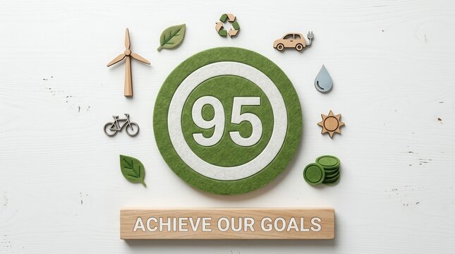 Top down view of a green target with number 95, surrounded by ecological icons like wind turbines, leaves, recycling, and solar energy, with a wooden block stating Achieve Our Goals.