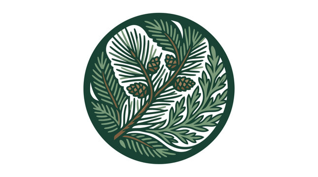Round botanical illustration of evergreen branch and pine cones