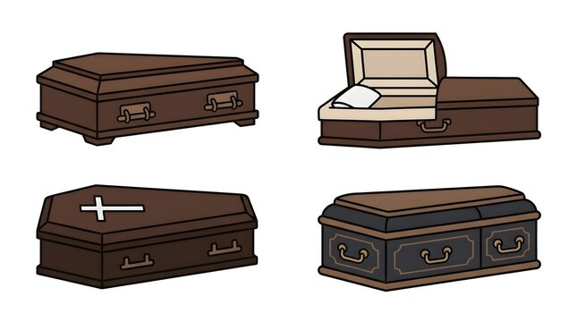 Vector icon set featuring various coffin and casket designs including closed, open, classic, and decorative styles isolated on a white background. Suitable for Halloween graphics, spooky illustrations