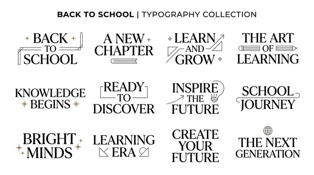 Back to school typography set. Elegant education quotes and academic lettering collection.