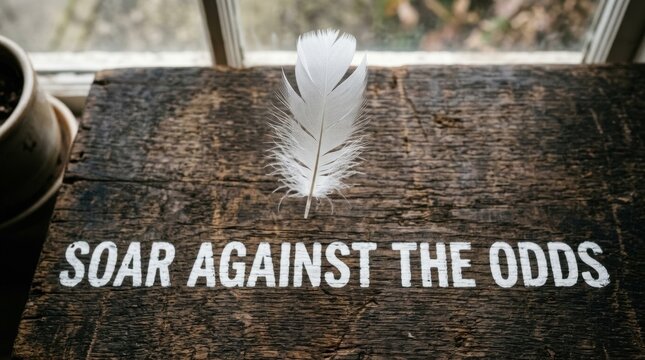 White bird feather floating above a dark rustic wooden background with white stencil text reading SOAR AGAINST THE ODDS near a window with soft natural lighting and earthy tones.