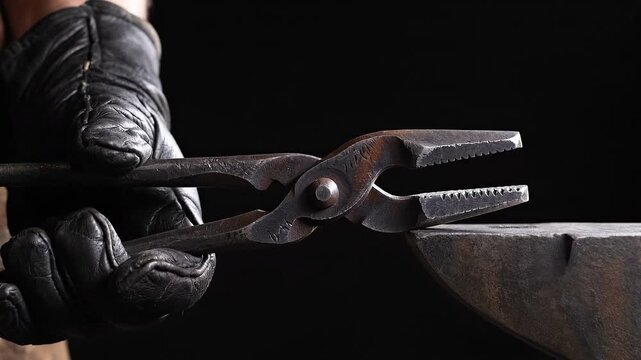 Blacksmiths gloved hand grips old metal tongs on anvil dramatic light