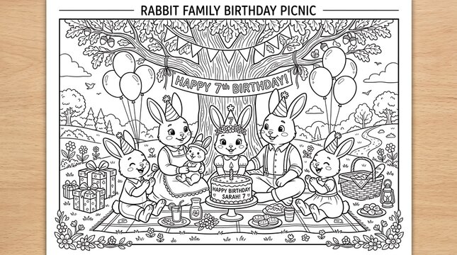 Rabbit family celebrating a seventh birthday picnic under a large oak tree with cake, presents, and balloons in a detailed coloring page