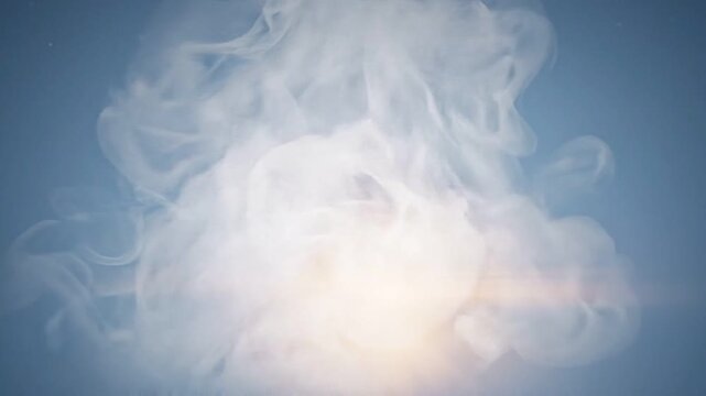 White smoke plume diffusing in blue liquid. Abstract cloud of fluid dispersion. Dynamic motion of ink dissolving in water. Experimental liquid science experiment.