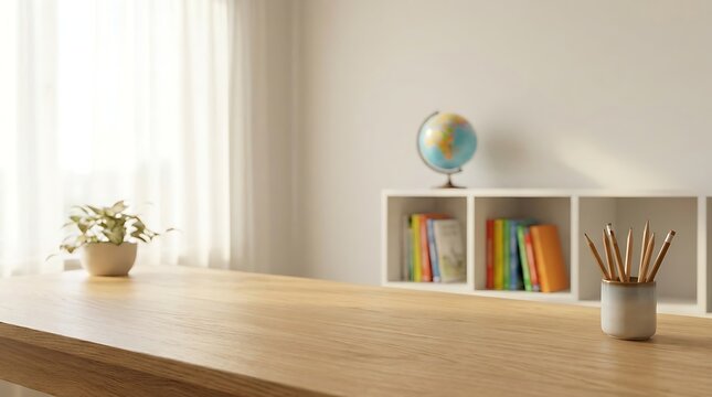 A bright cozy home office desk with a wooden surface a small plant a globe and colorful books on shelves