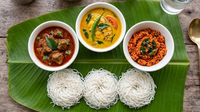 Traditional Kerala Style Idiyappam String Hooppers Served with Chicken Curry, Stew, and Chutney on Banana Leaf