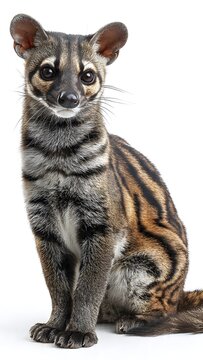 Genet animal sits upright against a plain white background.