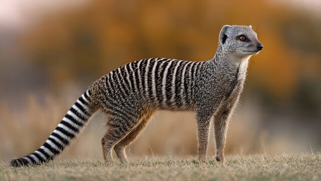 Striped mongoose stands on grass in a natural outdoor habitat.