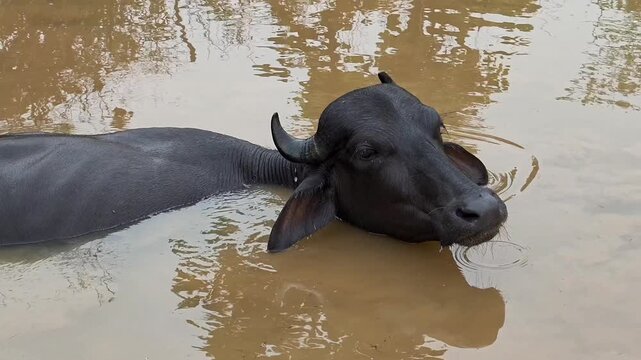 Indian water buffalo bathing in a muddy pond
