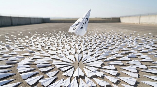 Wide shot of numerous white paper planes organized in a radial formation on asphalt with a single plane soaring above bearing the motivational phrase Believe in Yourself.