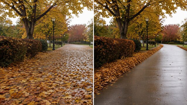 Before and after comparison of a park walkway cleaning service. Fallen autumn leaf removal on campus path. Property management maintenance for autumn season safety and accident prevention.