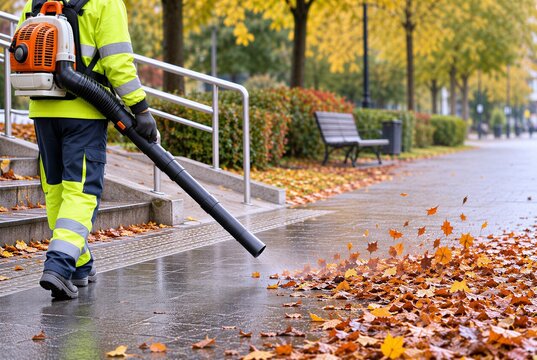 Worker using leaf blower to clear autumn foliage from sidewalk in city park. Commercial groundskeeping and maintenance service. Urban property cleaning and fall safety prevention.