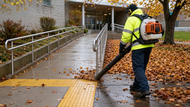 Landscaper using professional backpack blower to remove fallen autumn leaves from school wheelchair ramp. Worker maintaining campus safety by preventing slip hazard on wet ground.