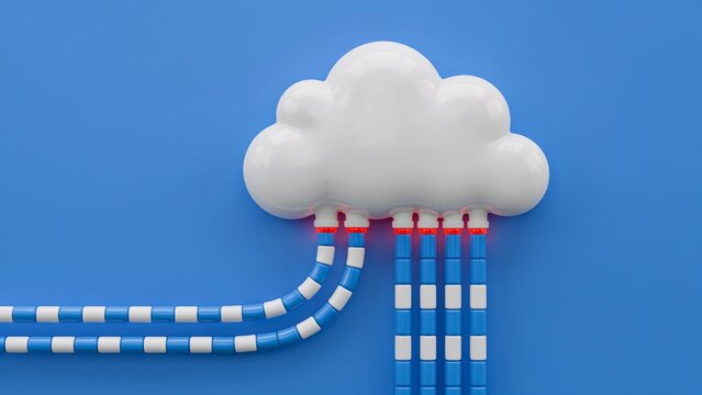 3d render of a glossy white cloud connected to data cables on blue background