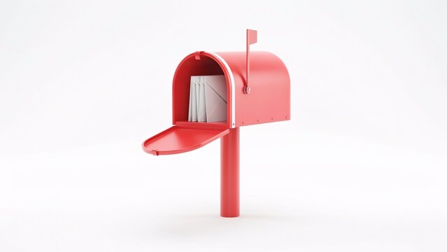 Red metal mailbox with open door and white envelopes inside