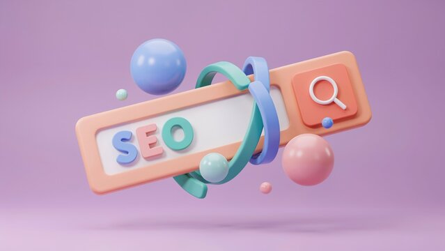 3d search bar with seo text, magnifying glass and floating spheres