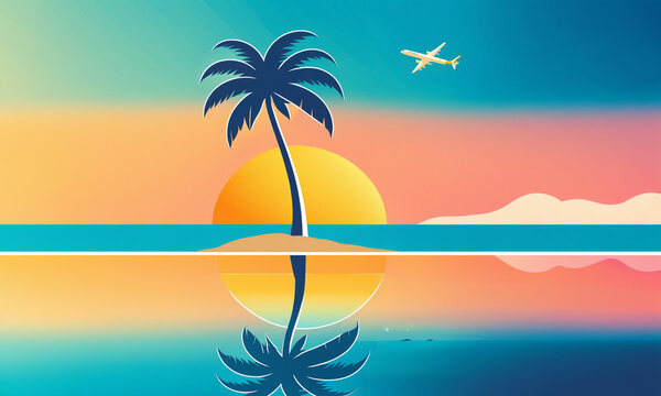 palm tree on tropical island with airplane flying in sunset sky and mirror reflection on sea