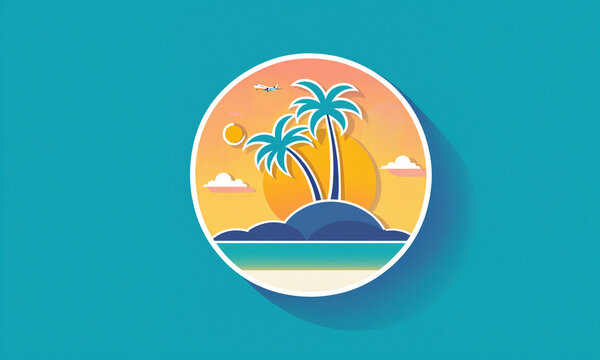 circular tropical emblem showing two palm trees on a small island in front of a large glowing sun with clouds and a flying airplane over turquoise water surface