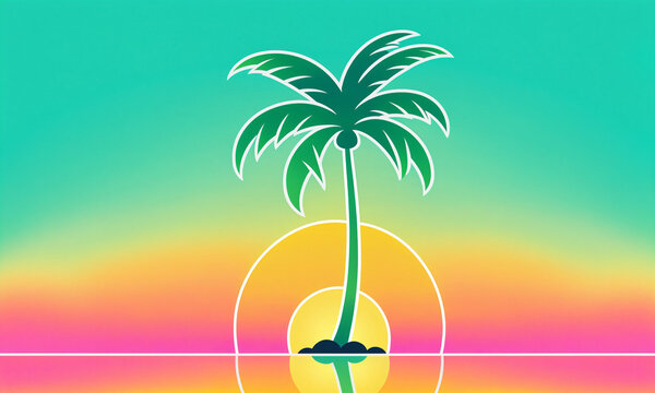 green palm tree with a white outline on a small island in front of a yellow sun over vibrant pink orange calm ocean water under a gradient retro sky