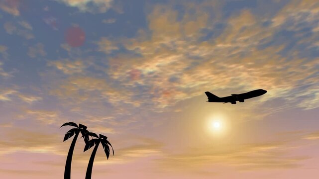 Commercial airplane flying across a vibrant sunset sky with palm tree silhouettes in the foreground