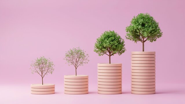 Four stacks of pink coins with growing green trees, financial growth concept