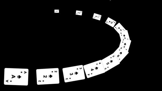 Looping 3D Animation of Playing Cards Flying in a Curved Arc on a Black Background