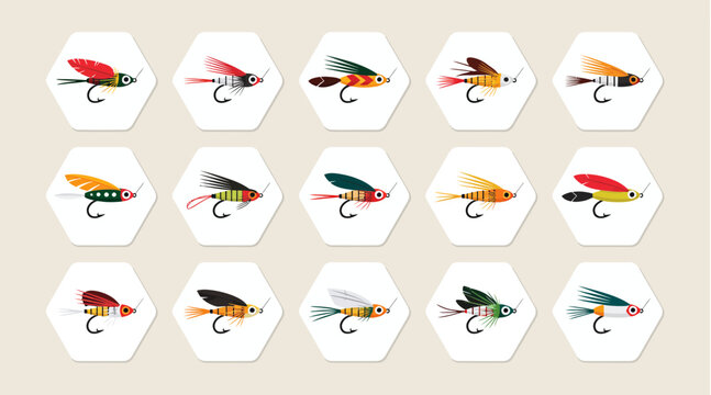 Fly Fishing Lures Collection: Assorted Colorful Ikon Designs on White Hexagons