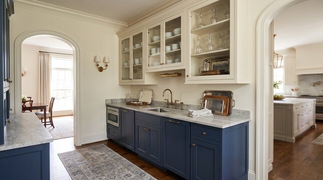 Butler pantry with elegant cabinets, sink and serving counter between kitchen and formal dining room