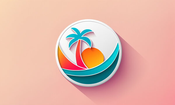 a round circular tropical badge emblem showing a stylized teal palm tree, orange sun, and turquoise ocean waves inside a white frame with drop shadow