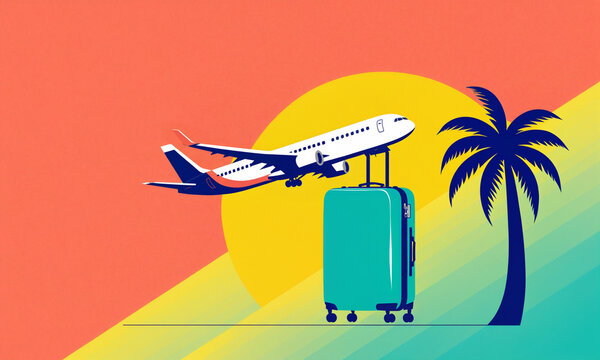 a teal rolling luggage suitcase positioned in front of a giant yellow sun, dark blue palm tree, and a commercial airplane taking off into the sky