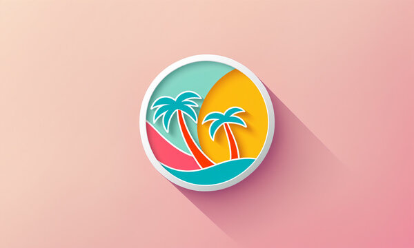 a round circular tropical emblem showing two stylized palm trees, a bright yellow sun, and ocean waves inside a white ring with a long drop shadow