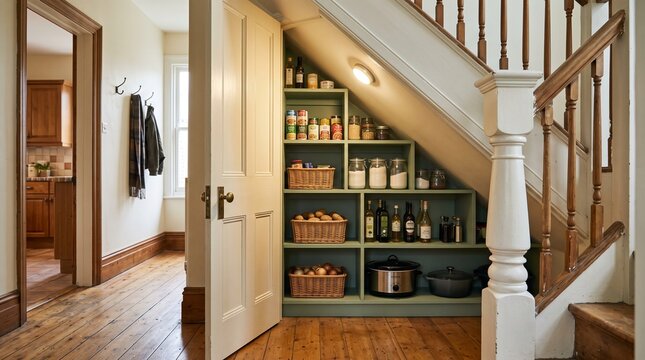 Under stair pantry conversion with stepped shelves and organized food storage in renovated older home