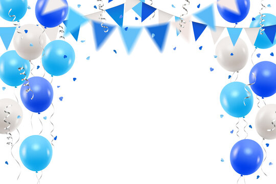 Vector colorful blue and white party balloons, heart shaped confetti and streamers decorative border or frame, boy's birthday or baby shower invitation